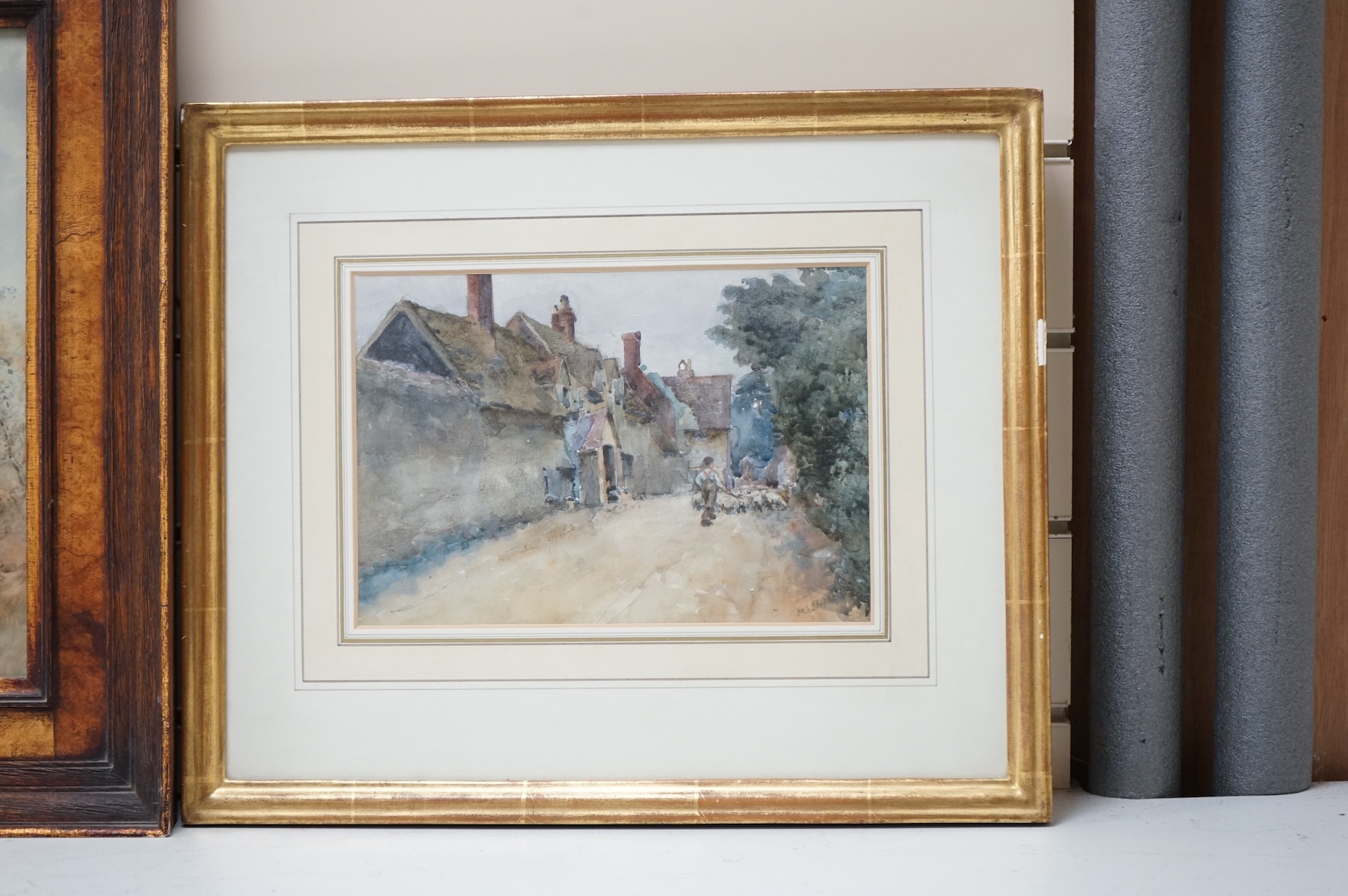 19th century English School, Study of shire horses on a path, unsigned, housed in a burr wood frame, watercolour, together with a similar work, Shepherd and flock of sheep, largest 34 x 24cm